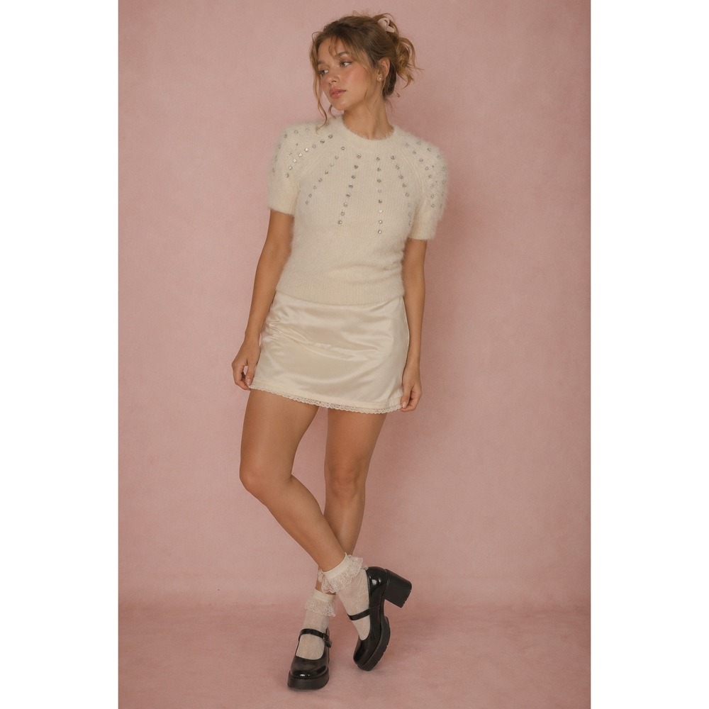 Muse Short Sleeve Fuzzy Crystal Embellished Sweater XS Ivory‎ Coquette 90s Glam - Picture 2 of 14